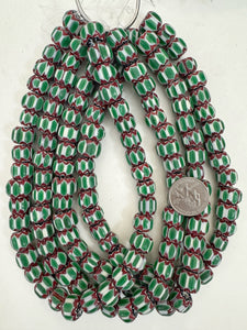 dark maroon red white green black chevron motif, vintage look glass, 13x9mm rondelle mix, 15" strand, sold per strand
