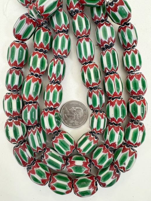 dark red white green black chevron motif, vintage look glass, 21x16mm barrel mix, 15