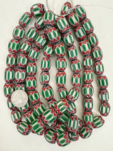 dark red white green black chevron motif, vintage look glass, 21x16mm barrel mix, 15" strand, sold per strand