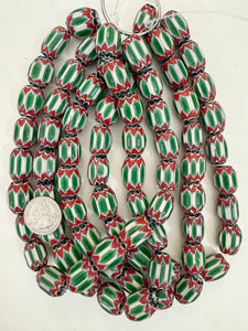 dark red white green black chevron motif, vintage look glass, 21x16mm barrel mix, 15" strand, sold per strand