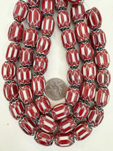 dark pale red white black chevron motif, vintage look glass, 21x16mm barrel mix, 15" strand, sold per strand