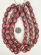 dark pale red white black chevron motif, vintage look glass, 21x16mm barrel mix, 15" strand, sold per strand