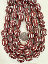 dark red brown white black chevron motif, vintage look glass, 21x16mm barrel mix, 15" strand, sold per strand