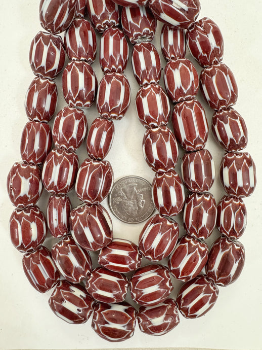 dark red brown white black chevron motif, vintage look glass, 21x16mm barrel mix, 15