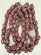 dark red brown white black chevron motif, vintage look glass, 21x16mm barrel mix, 15" strand, sold per strand