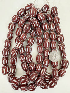 dark red brown white black chevron motif, vintage look glass, 21x16mm barrel mix, 15" strand, sold per strand