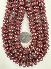dark pale red white black chevron motif, vintage look glass, 13x6mm rondelle mix, 15" strand, sold per strand