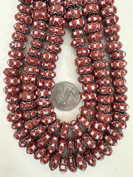 dark pale red white black chevron motif, vintage look glass, 13x6mm rondelle mix, 15