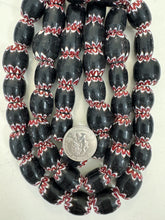 dark maroon red white black chevron motif, vintage look glass, 21x16mm barrel mix, 15" strand, sold per strand