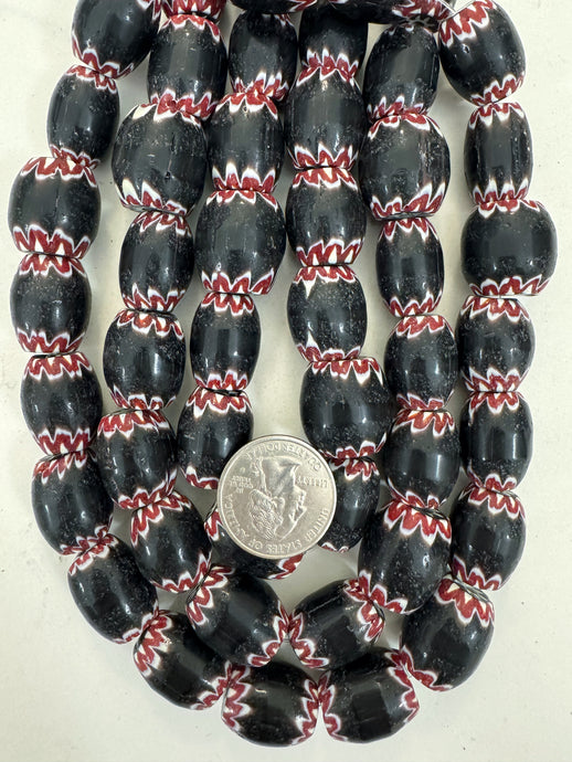 dark maroon red white black chevron motif, vintage look glass, 21x16mm barrel mix, 15