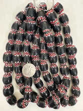 dark maroon red white black chevron motif, vintage look glass, 21x16mm barrel mix, 15" strand, sold per strand