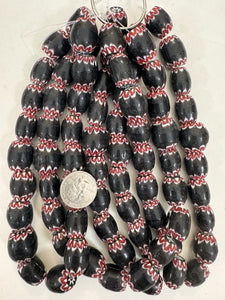 dark maroon red white black chevron motif, vintage look glass, 21x16mm barrel mix, 15" strand, sold per strand