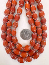 dull finish pale orange white chevron motif, vintage look glass, 16x11mm barrel mix, 15" strand, sold per strand