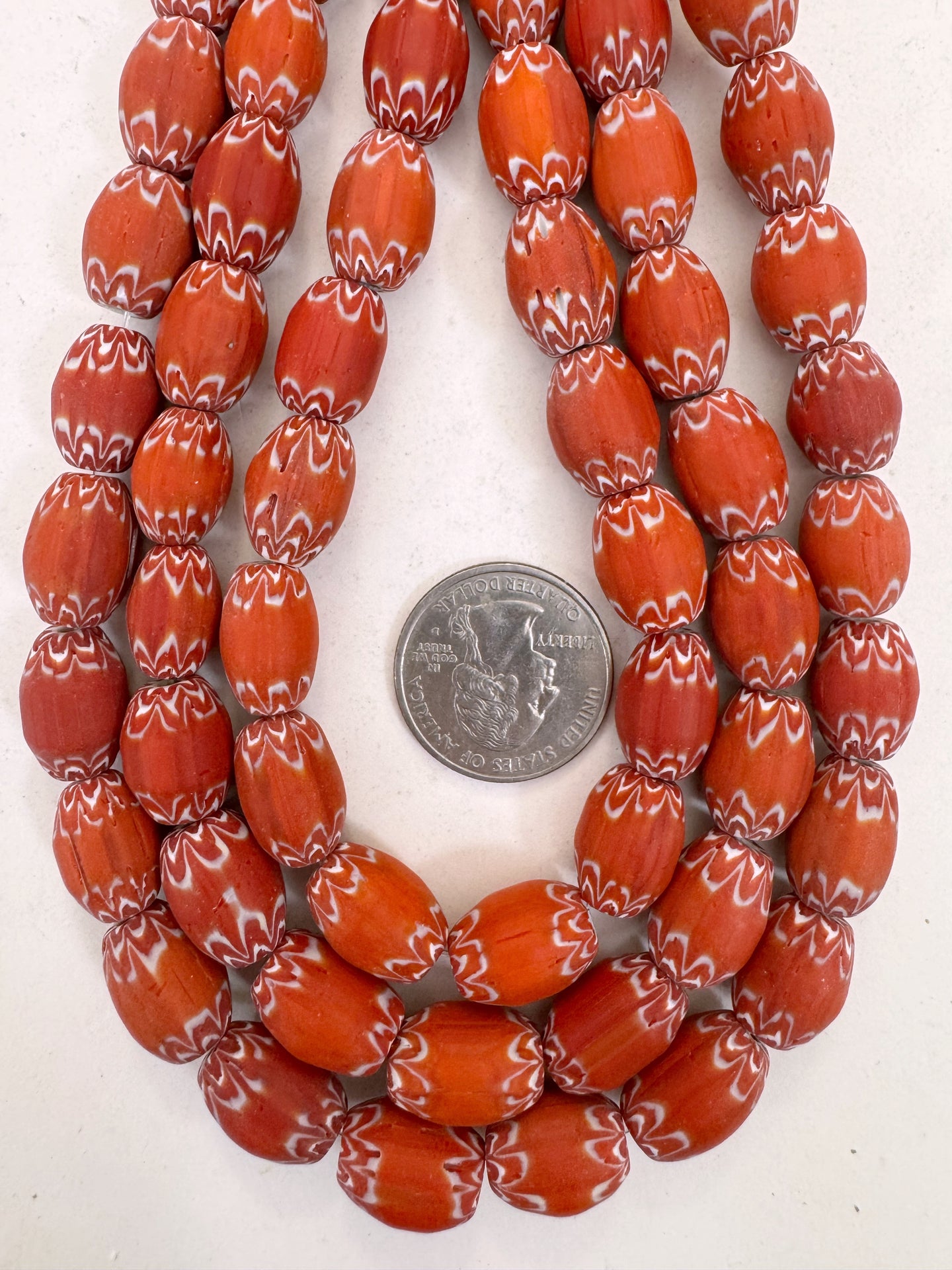 dull finish pale orange white chevron motif, vintage look glass, 16x11mm barrel mix, 15