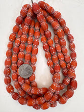 dull finish pale orange white chevron motif, vintage look glass, 16x11mm barrel mix, 15" strand, sold per strand