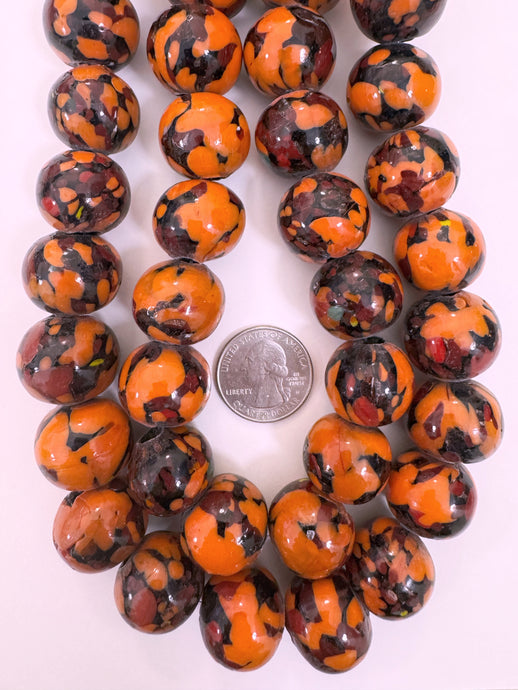 pale orange red black mix spotted swirl motif, vintage look glass, 20x18mm rondelle mix, 15