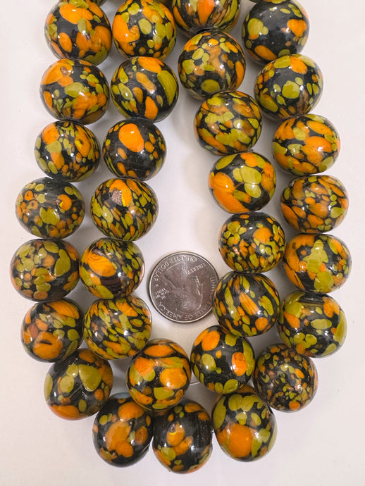 pale orange olive yellow black mix spotted swirl motif, vintage look glass, 20x18mm rondelle mix, 15