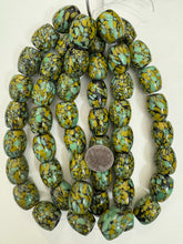 pale mint green olive yellow black mix spotted swirl motif, vintage look glass, 23x19mm barrel mix, 15" strand, sold per strand