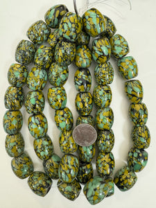 pale mint green olive yellow black mix spotted swirl motif, vintage look glass, 23x19mm barrel mix, 15" strand, sold per strand