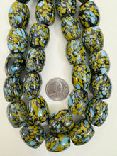 pale sky blue olive yellow black mix spotted swirl motif, vintage look glass, 23x19mm barrel mix, 15" strand, sold per strand