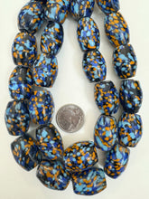 pale sky blue dark blue orange black mix spotted swirl motif, vintage look glass, 25x19mm barrel mix, 15" strand, sold per strand