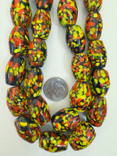 pale red dark red yellow black mix spotted swirl motif, vintage look glass, 25x19mm barrel mix, 15" strand, sold per strand