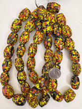 pale red dark red yellow black mix spotted swirl motif, vintage look glass, 25x19mm barrel mix, 15" strand, sold per strand
