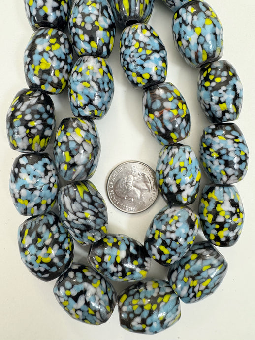 pale sky blue yellow white black mix spotted swirl motif, vintage look glass, 25x19mm barrel mix, 15
