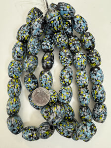 pale sky blue yellow white black mix spotted swirl motif, vintage look glass, 25x19mm barrel mix, 15" strand, sold per strand