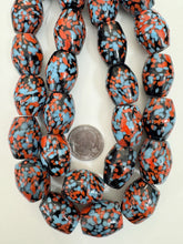 pale red blue black mix spotted swirl motif, vintage look glass, 25x19mm barrel mix, 15" strand, sold per strand