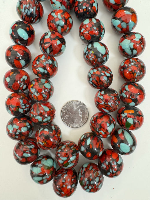 pale turquoise blue red black mix spotted swirl motif, vintage look glass, 20x18mm rondelle mix, 15