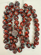 pale turquoise blue red black mix spotted swirl motif, vintage look glass, 20x18mm rondelle mix, 15" strand, sold per strand