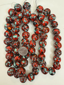 pale turquoise blue red black mix spotted swirl motif, vintage look glass, 20x18mm rondelle mix, 15" strand, sold per strand