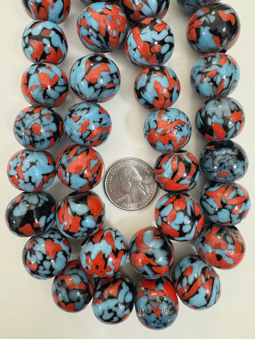 pale sky blue red black mix spotted swirl motif, vintage look glass, 20x18mm rondelle mix, 15