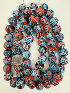 pale sky blue red black mix spotted swirl motif, vintage look glass, 20x18mm rondelle mix, 15" strand, sold per strand