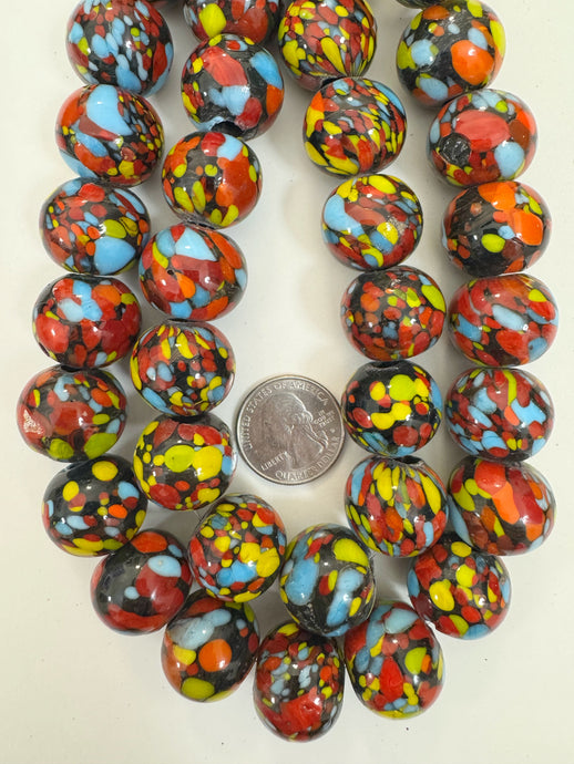 pale sky blue red orange yellow blue black mix spotted swirl motif, vintage look glass, 20x18mm rondelle mix, 15