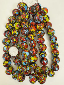 pale sky blue red orange yellow blue black mix spotted swirl motif, vintage look glass, 20x18mm rondelle mix, 15" strand, sold per strand