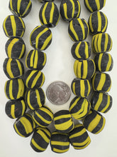 matte yellow black stripe motif, vintage look glass, 18mm irregular round mix, 15" strand, sold per strand