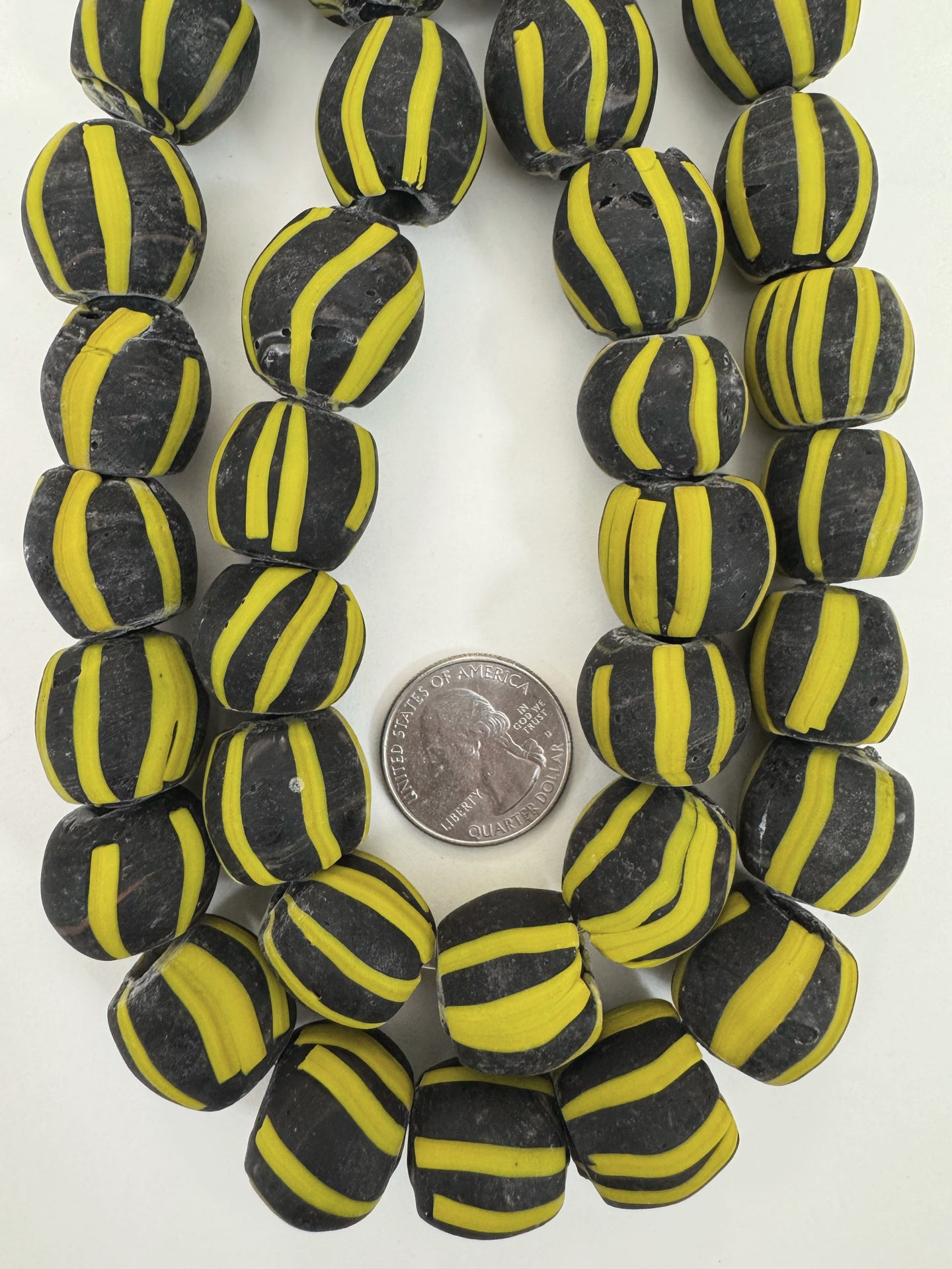 matte yellow black stripe motif, vintage look glass, 18mm irregular round mix, 15