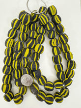 matte yellow black stripe motif, vintage look glass, 18mm irregular round mix, 15" strand, sold per strand