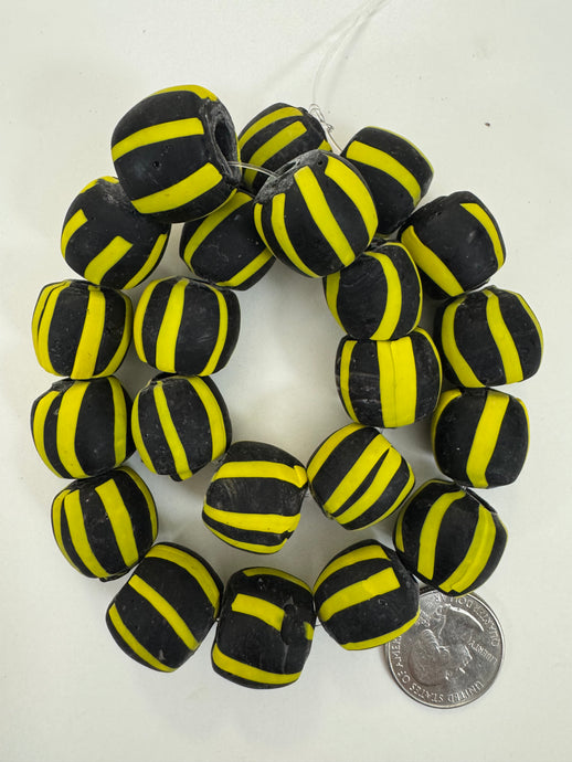 matte bright yellow black stripe motif, vintage look glass, 18mm irregular round mix, 15