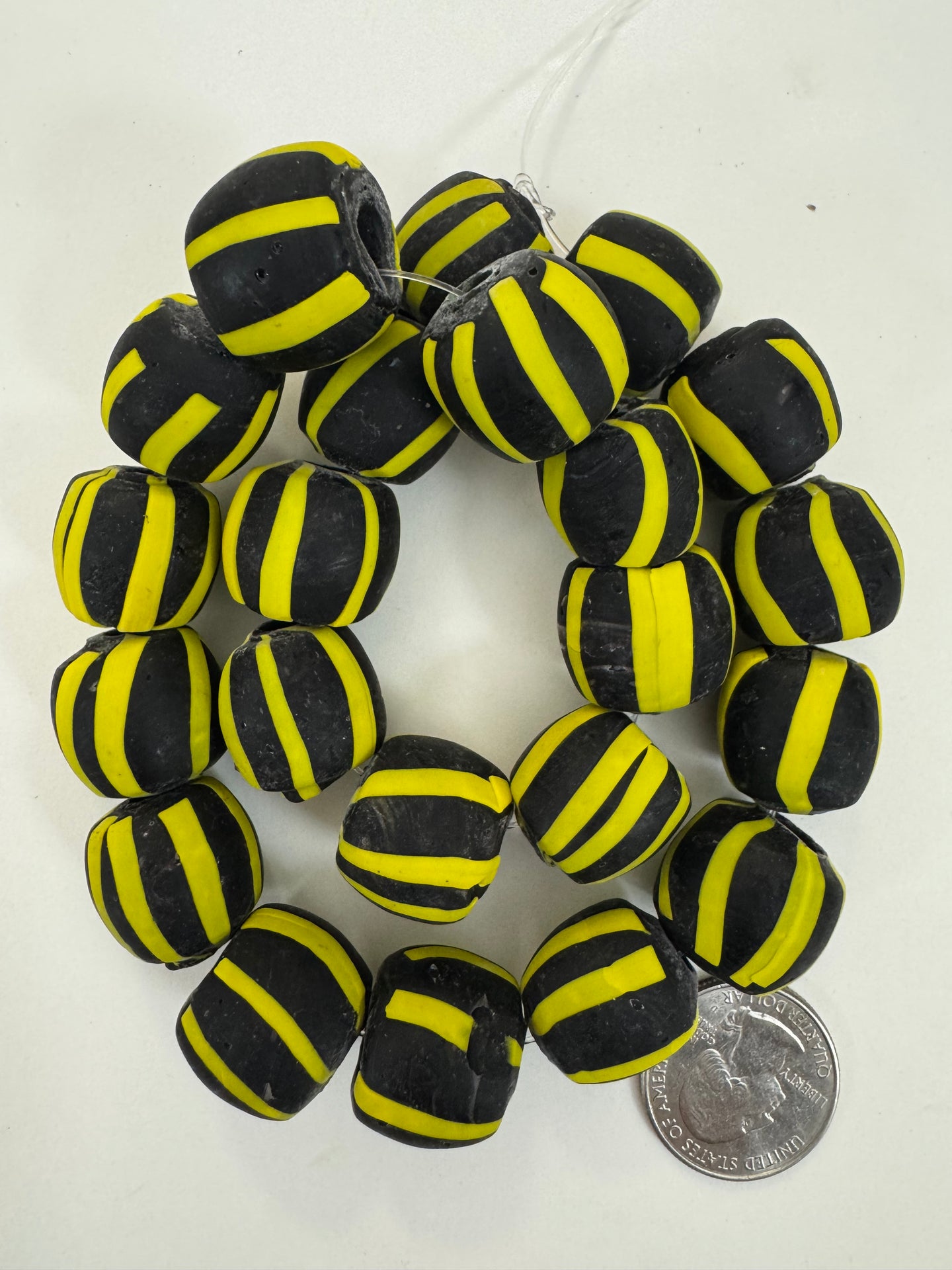matte bright yellow black stripe motif, vintage look glass, 18mm irregular round mix, 15