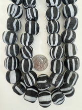 matte white black stripe motif, vintage look glass, 18mm irregular round mix, 15" strand, sold per strand