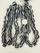 matte white black stripe motif, vintage look glass, 18mm irregular round mix, 15" strand, sold per strand