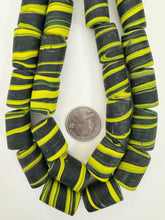 matte yellow green black swirl motif, vintage look glass, 24x14mm tube mix, 15" strand, sold per strand