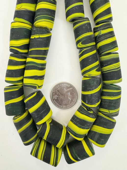 matte yellow green black swirl motif, vintage look glass, 24x14mm tube mix, 15