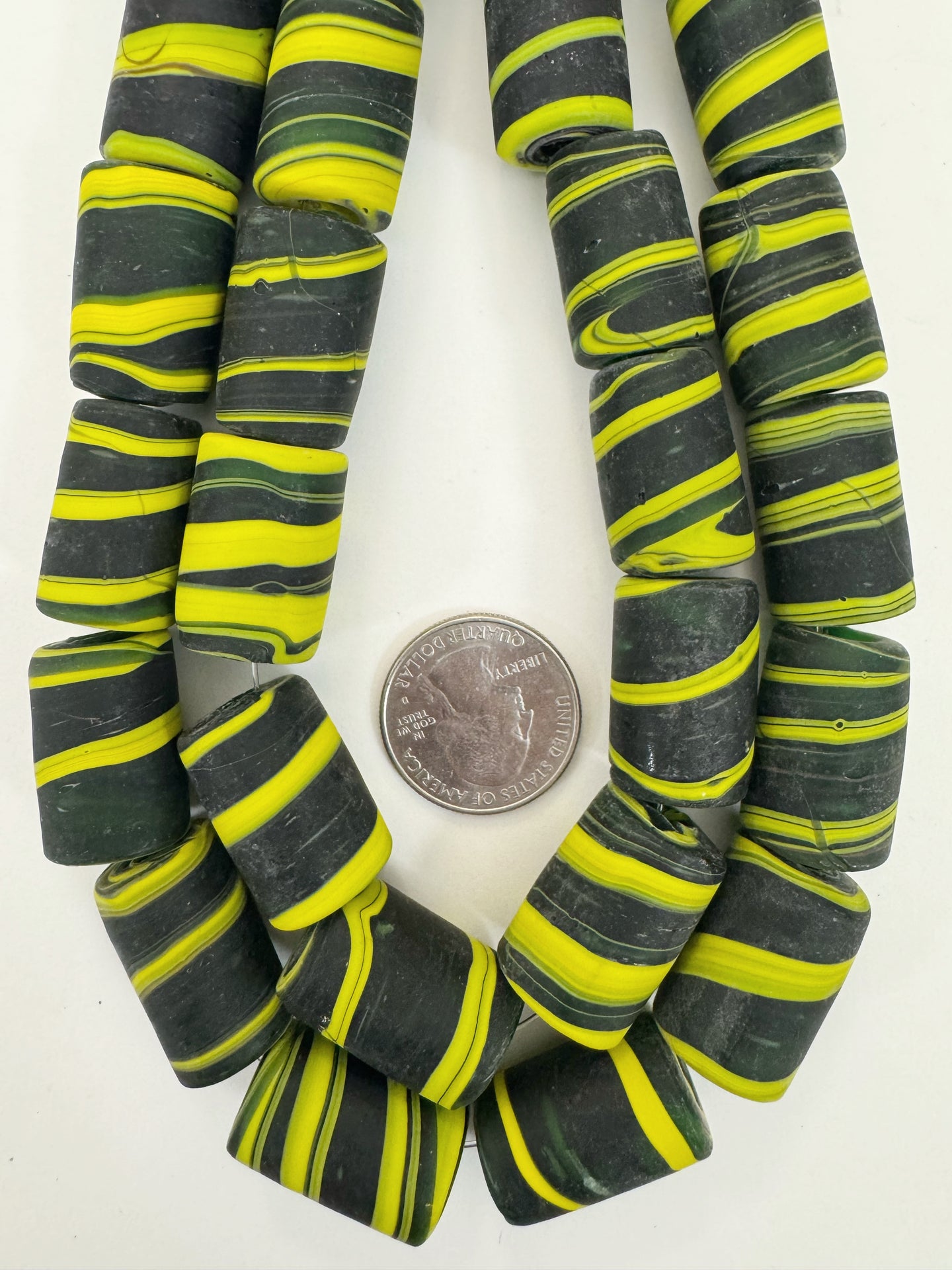 matte yellow green black swirl motif, vintage look glass, 24x14mm tube mix, 15