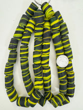 matte yellow green black swirl motif, vintage look glass, 24x14mm tube mix, 15" strand, sold per strand