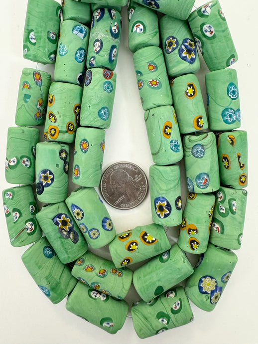 matte mint green millefiori motif, vintage look glass, 28x15mm tube mix, 15