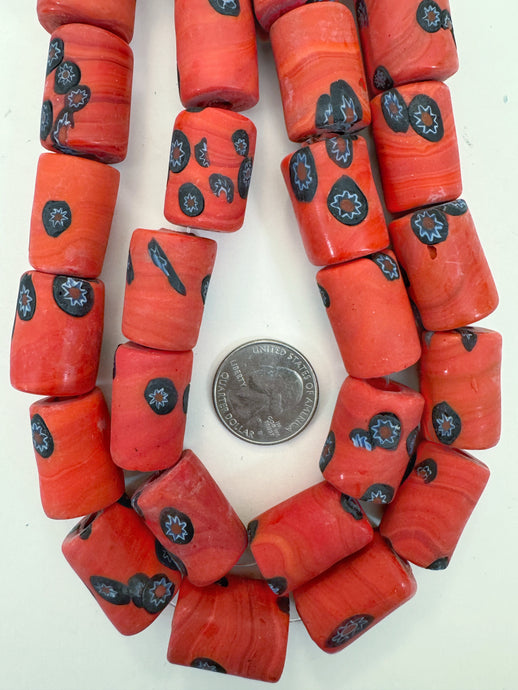 matte pale red millefiori motif, vintage look glass, 23x16mm tube mix, 15